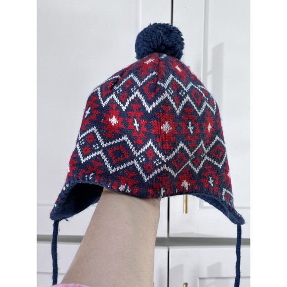 Polarn O Pyret Wind Fleece Winter Hat Red Blue Sweden 9mths-2 yrs Wool - Picture 2 of 9